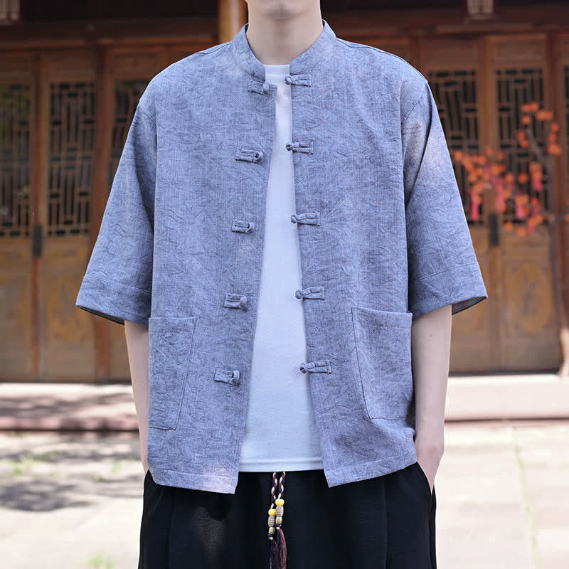 Nimara Ritual Summer Tang Style Mandarin Collar Frog Button Solid Men's Short Sleeve Shirts With Pocket