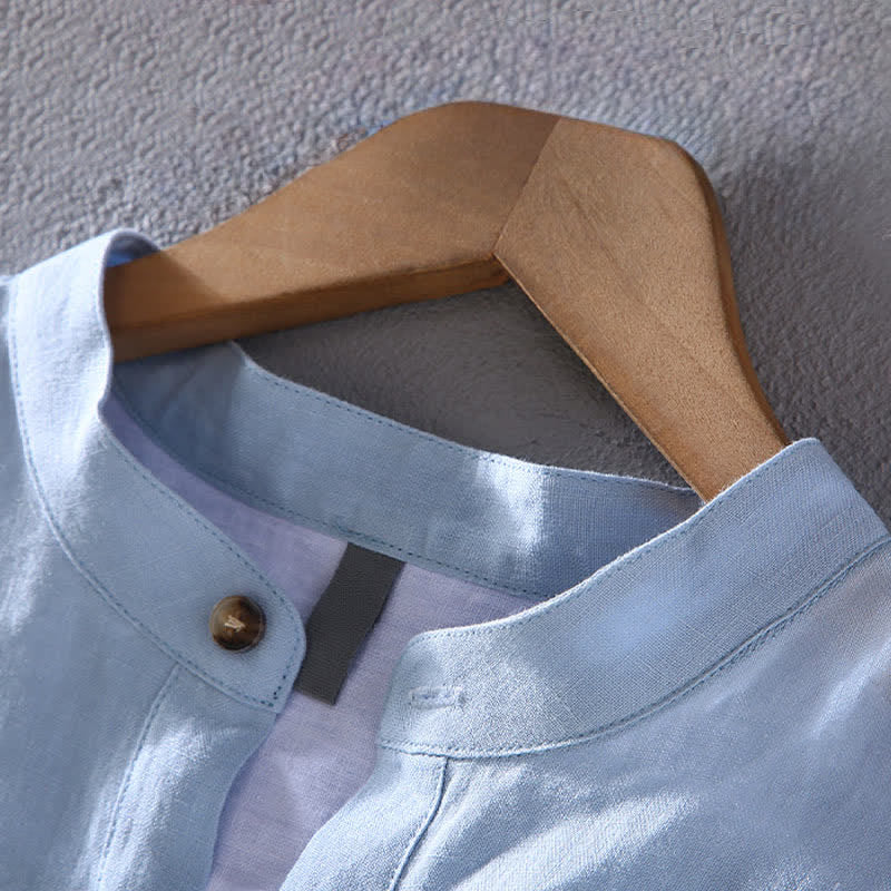 Nimara Ritual Summer Tang Style Casual Mandarin Collar Solid Linen Men's Short Sleeve Shirts