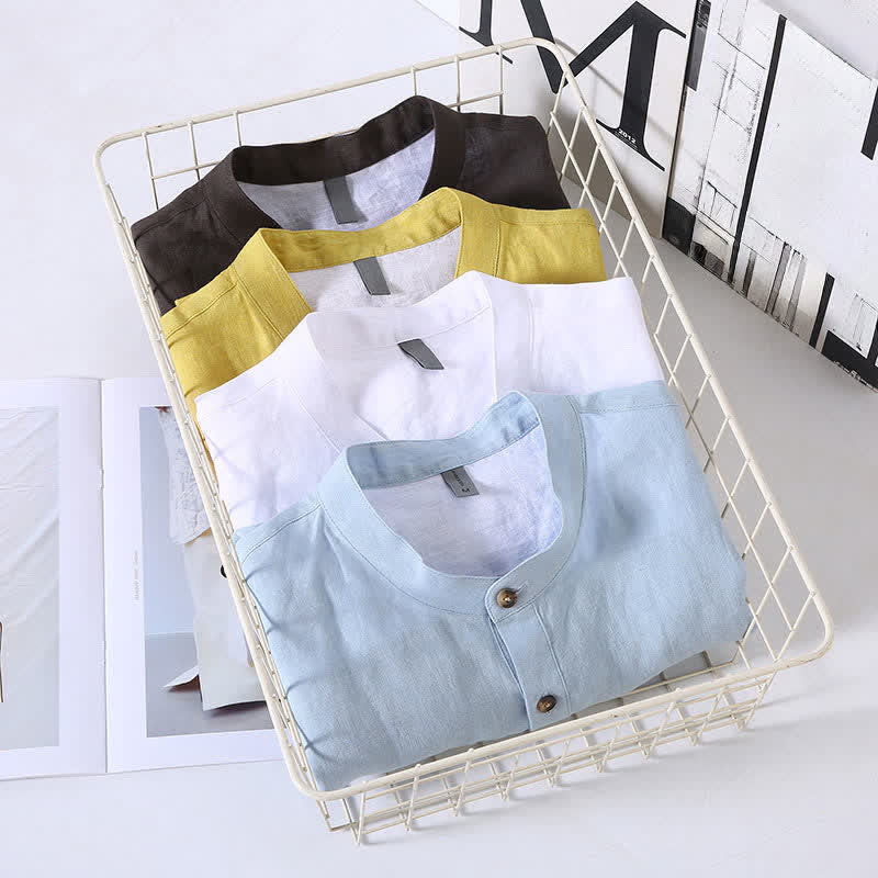Nimara Ritual Summer Tang Style Casual Mandarin Collar Solid Linen Men's Short Sleeve Shirts