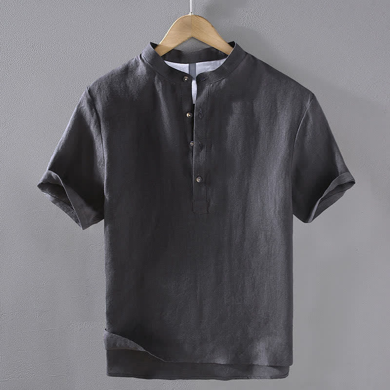 Nimara Ritual Summer Tang Style Casual Mandarin Collar Solid Linen Men's Short Sleeve Shirts