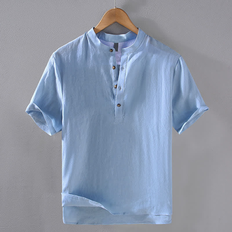 Nimara Ritual Summer Tang Style Casual Mandarin Collar Solid Linen Men's Short Sleeve Shirts