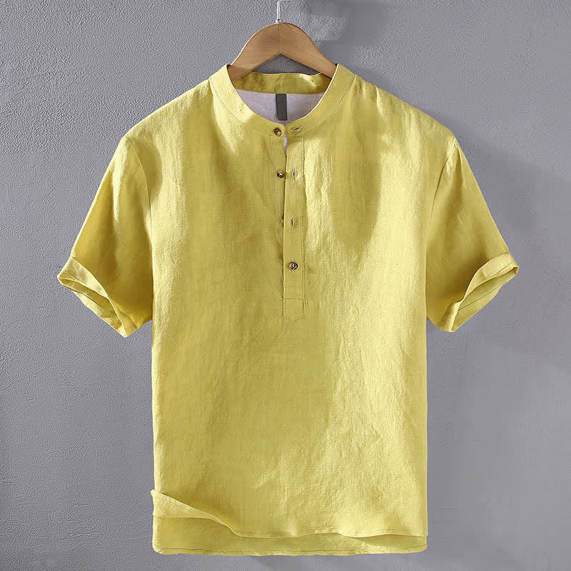 Nimara Ritual Summer Tang Style Casual Mandarin Collar Solid Linen Men's Short Sleeve Shirts