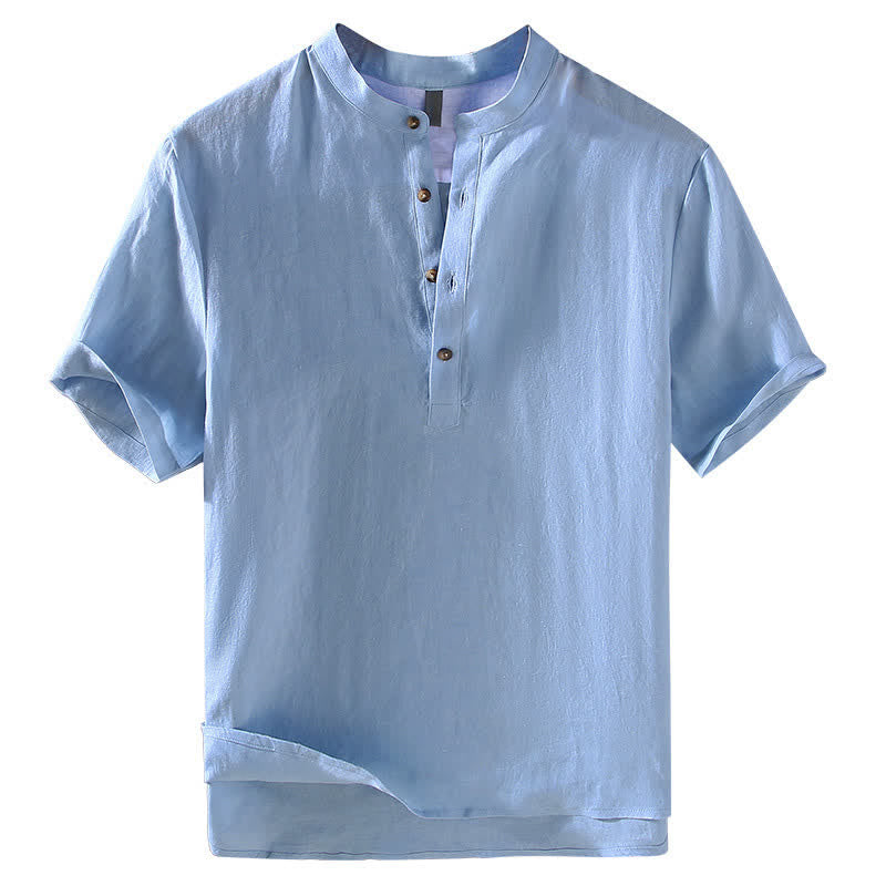 Nimara Ritual Summer Tang Style Casual Mandarin Collar Solid Linen Men's Short Sleeve Shirts