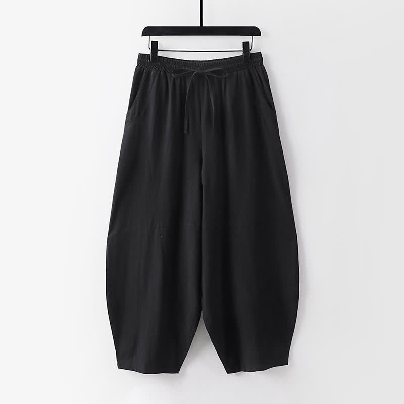 Nimara Ritual 2Pcs Spring Summer Casual Tang Style Drawstring Solid Shirt Cropped Pants Men's Meditation Cloth With Pocket