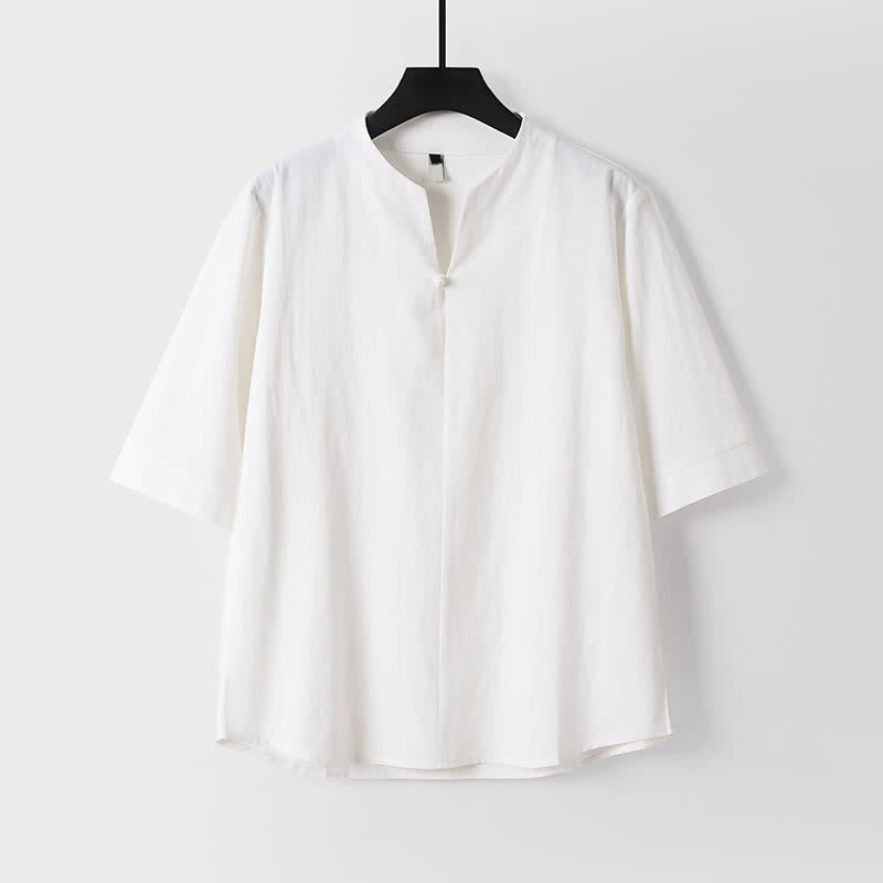 Nimara Ritual 2Pcs Spring Summer Casual Tang Style Drawstring Solid Shirt Cropped Pants Men's Meditation Cloth With Pocket