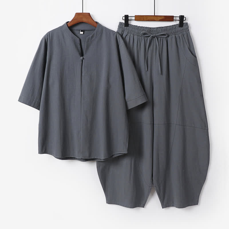 Nimara Ritual 2Pcs Spring Summer Casual Tang Style Drawstring Solid Shirt Cropped Pants Men's Meditation Cloth With Pocket