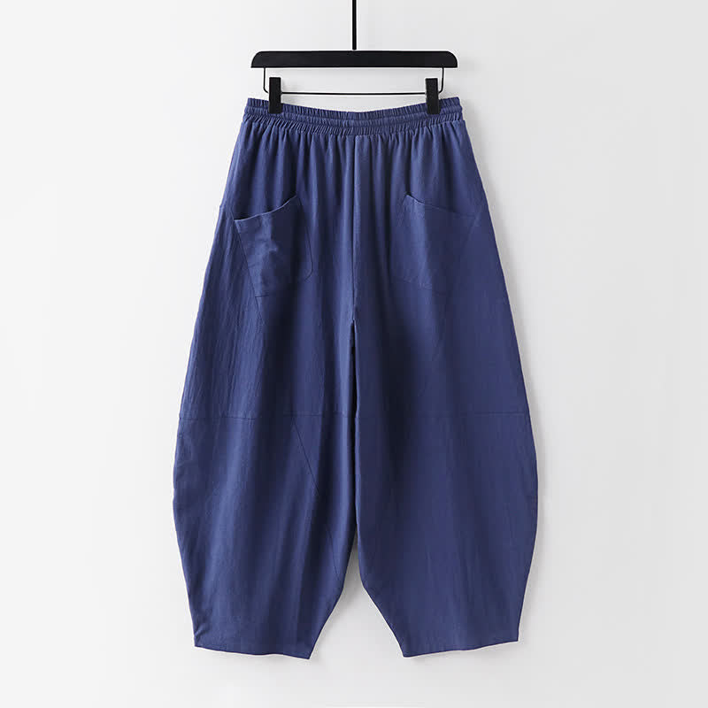 Nimara Ritual 2Pcs Spring Summer Casual Tang Style Drawstring Solid Shirt Cropped Pants Men's Meditation Cloth With Pocket