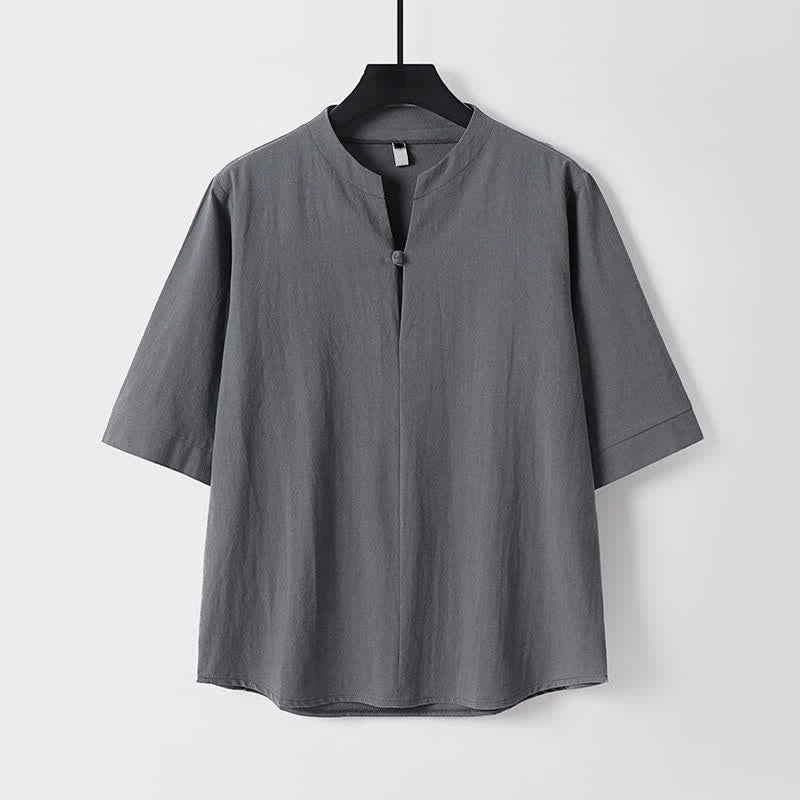 Nimara Ritual 2Pcs Spring Summer Casual Tang Style Drawstring Solid Shirt Cropped Pants Men's Meditation Cloth With Pocket