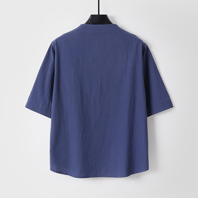 Nimara Ritual 2Pcs Spring Summer Casual Tang Style Drawstring Solid Shirt Cropped Pants Men's Meditation Cloth With Pocket