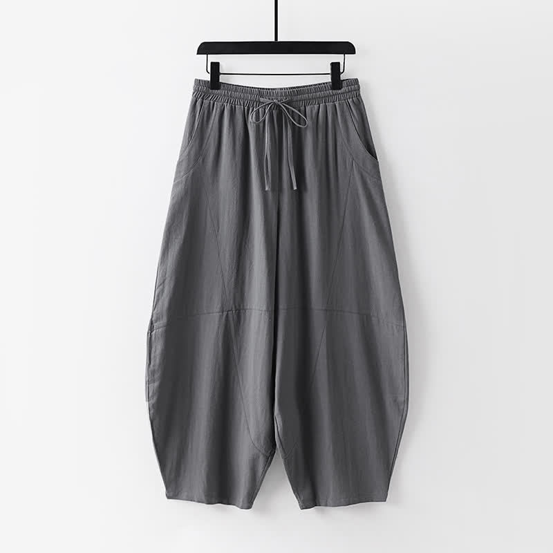 Nimara Ritual 2Pcs Spring Summer Casual Tang Style Drawstring Solid Shirt Cropped Pants Men's Meditation Cloth With Pocket