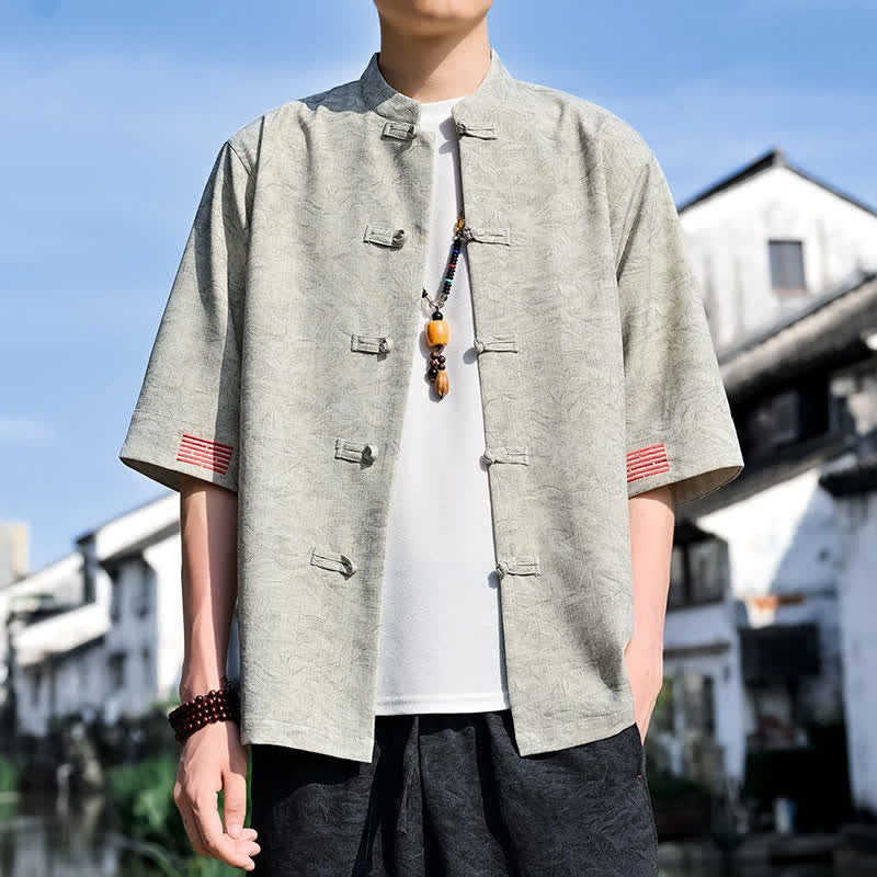 Nimara Ritual Summer Tang Style Mandarin Collar Frog Button Solid Men's Short Sleeve Shirts