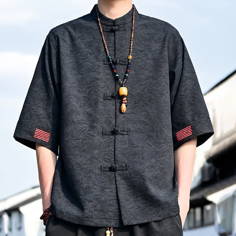 Nimara Ritual Summer Tang Style Mandarin Collar Frog Button Solid Men's Short Sleeve Shirts