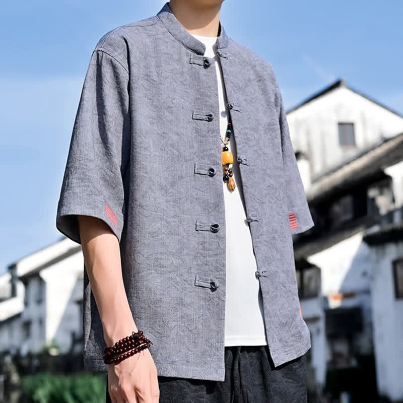 Nimara Ritual Summer Tang Style Mandarin Collar Frog Button Solid Men's Short Sleeve Shirts
