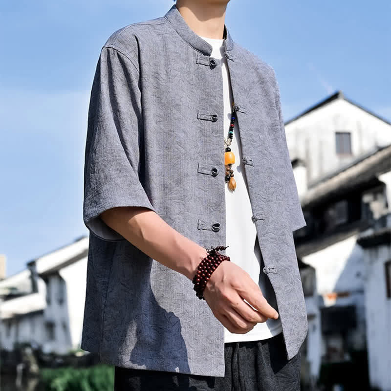 Nimara Ritual Summer Tang Style Mandarin Collar Frog Button Solid Men's Short Sleeve Shirts
