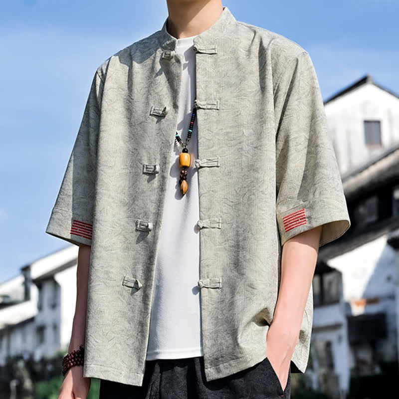 Nimara Ritual Summer Tang Style Mandarin Collar Frog Button Solid Men's Short Sleeve Shirts