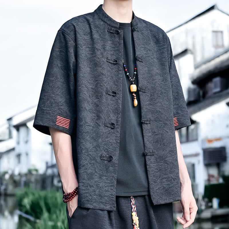 Nimara Ritual Summer Tang Style Mandarin Collar Frog Button Solid Men's Short Sleeve Shirts