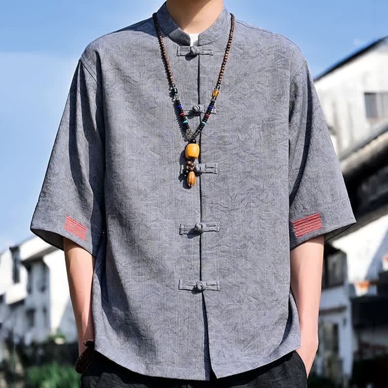 Nimara Ritual Summer Tang Style Mandarin Collar Frog Button Solid Men's Short Sleeve Shirts