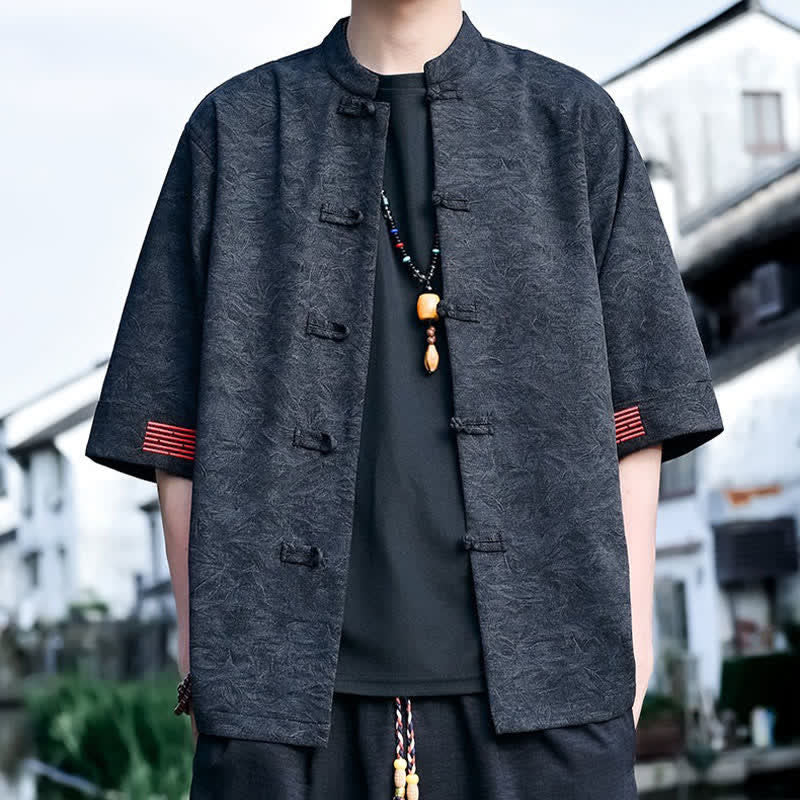 Nimara Ritual Summer Tang Style Mandarin Collar Frog Button Solid Men's Short Sleeve Shirts