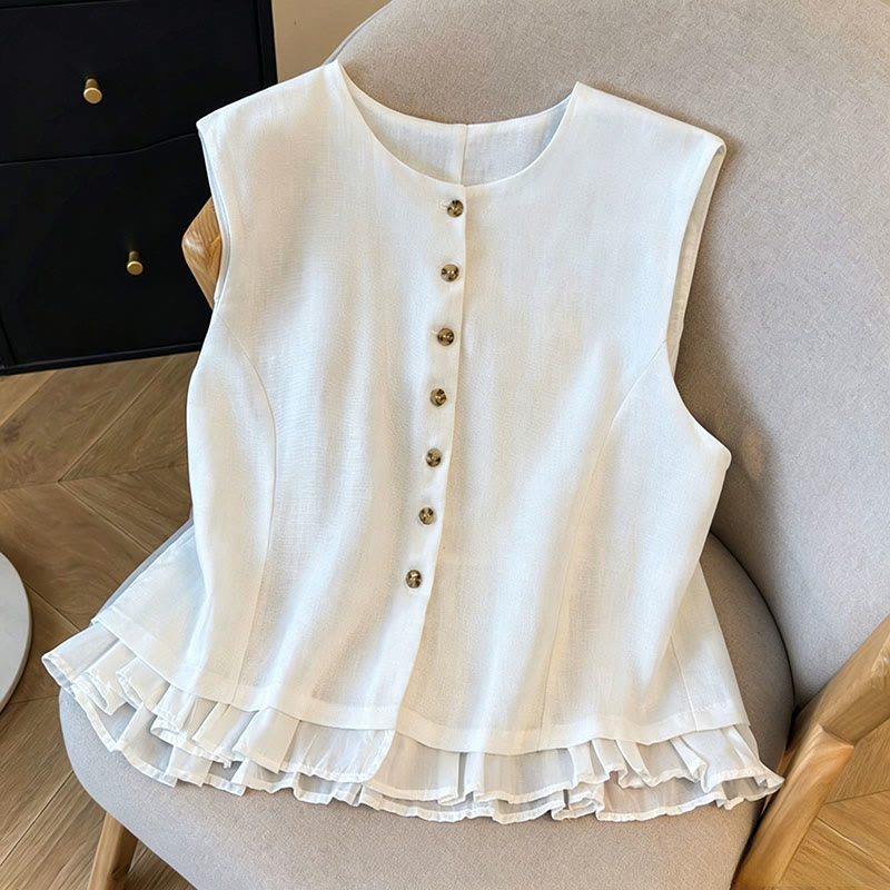 Nimara Ritual Summer Elegant Button-Up Solid Crew Neck Tank Top Women's Sleeveless Shirts
