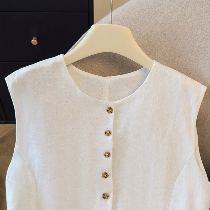 Nimara Ritual Summer Elegant Button-Up Solid Crew Neck Tank Top Women's Sleeveless Shirts