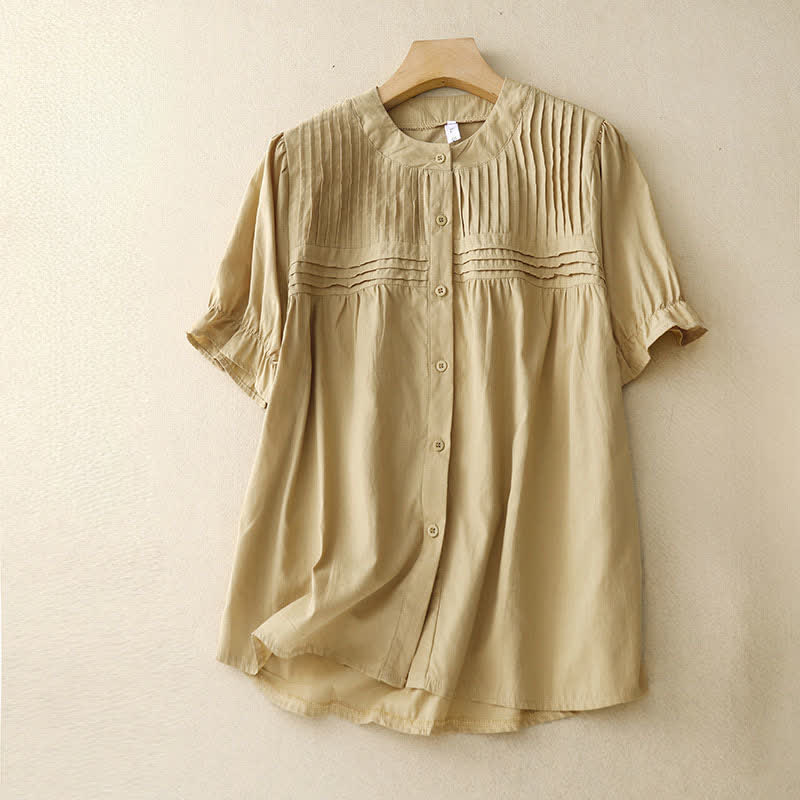 Nimara Ritual Summer Casual Vintage Button-up Solid Pintuck Pleats Design Women's Short Sleeve Shirts