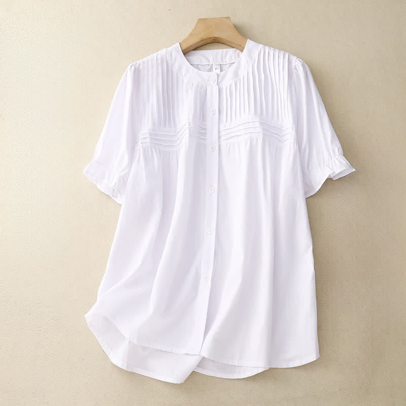 Nimara Ritual Summer Casual Vintage Button-up Solid Pintuck Pleats Design Women's Short Sleeve Shirts