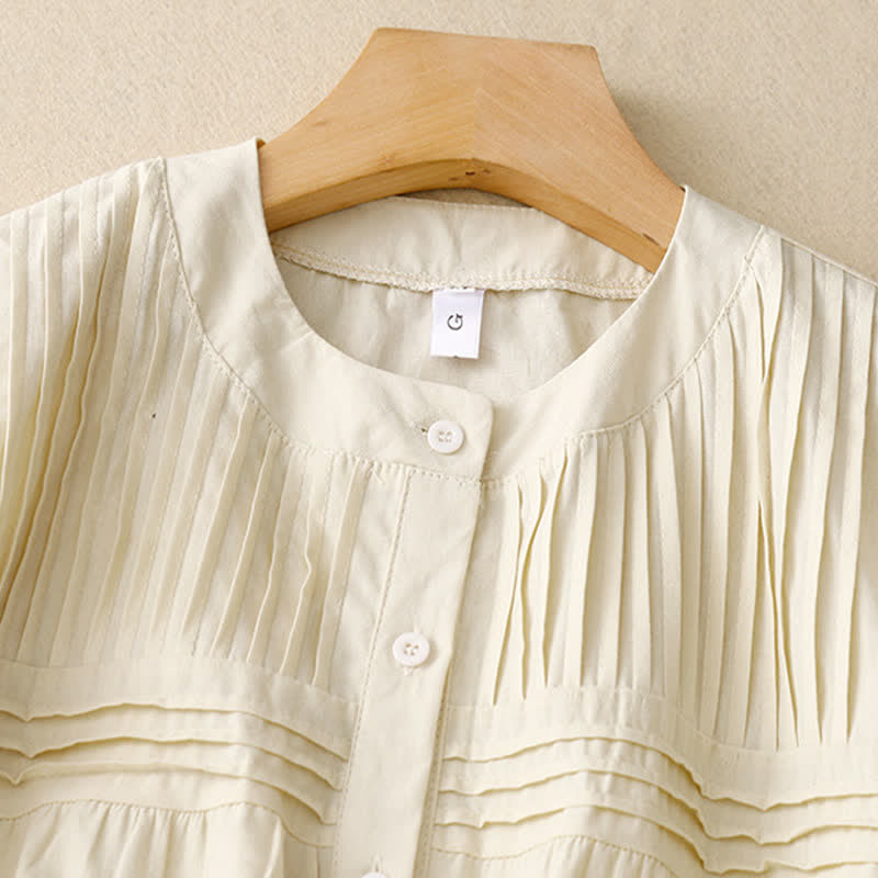 Nimara Ritual Summer Casual Vintage Button-up Solid Pintuck Pleats Design Women's Short Sleeve Shirts