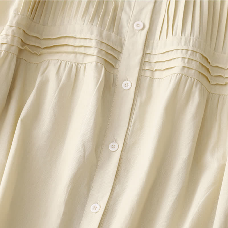 Nimara Ritual Summer Casual Vintage Button-up Solid Pintuck Pleats Design Women's Short Sleeve Shirts