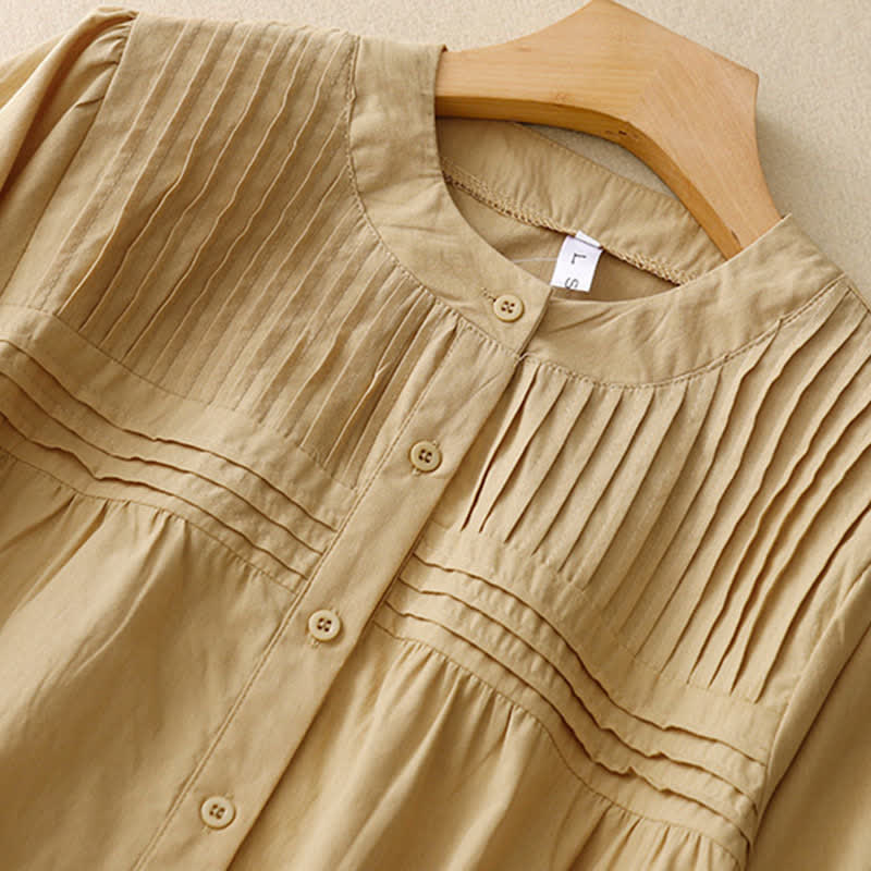 Nimara Ritual Summer Casual Vintage Button-up Solid Pintuck Pleats Design Women's Short Sleeve Shirts