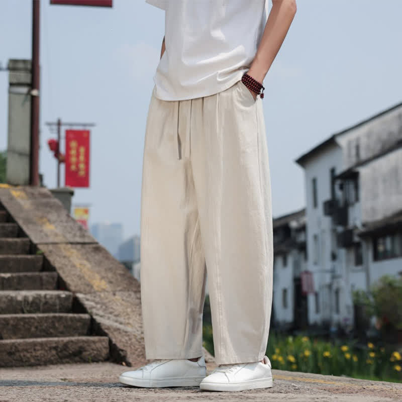 Nimara Ritual Summer Casual Minimalist Drawstring Solid Cotton Long Pants Men's Harem Pants With Pocket