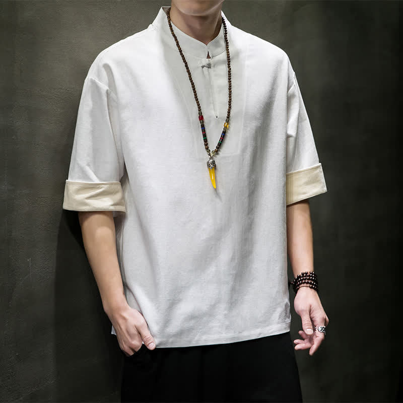 Nimara Ritual Summer Tang Style Mandarin Collar Solid Men's Short Sleeve Shirts
