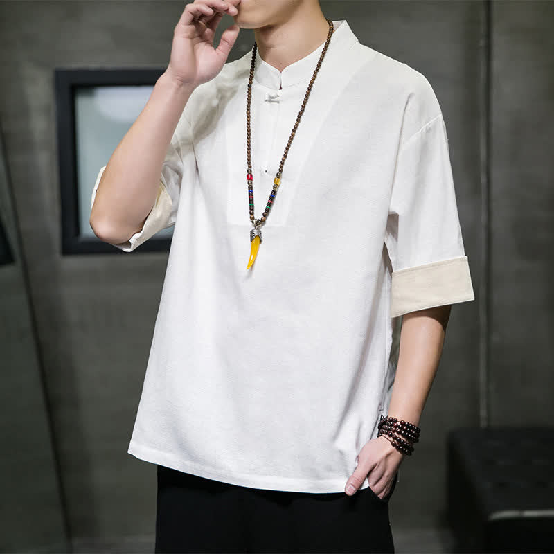 Nimara Ritual Summer Tang Style Mandarin Collar Solid Men's Short Sleeve Shirts