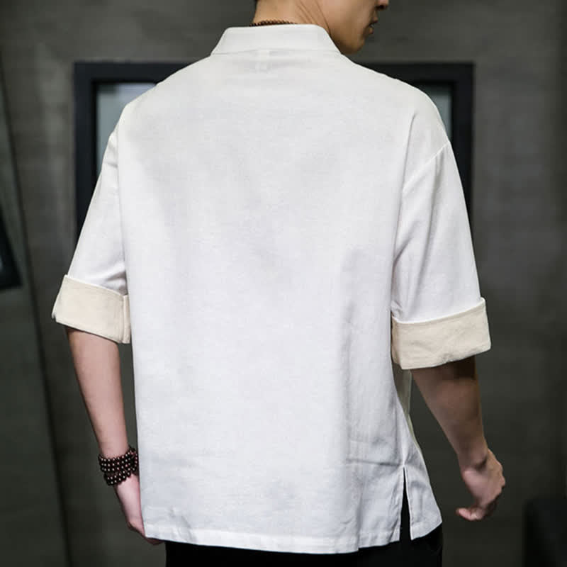 Nimara Ritual Summer Tang Style Mandarin Collar Solid Men's Short Sleeve Shirts
