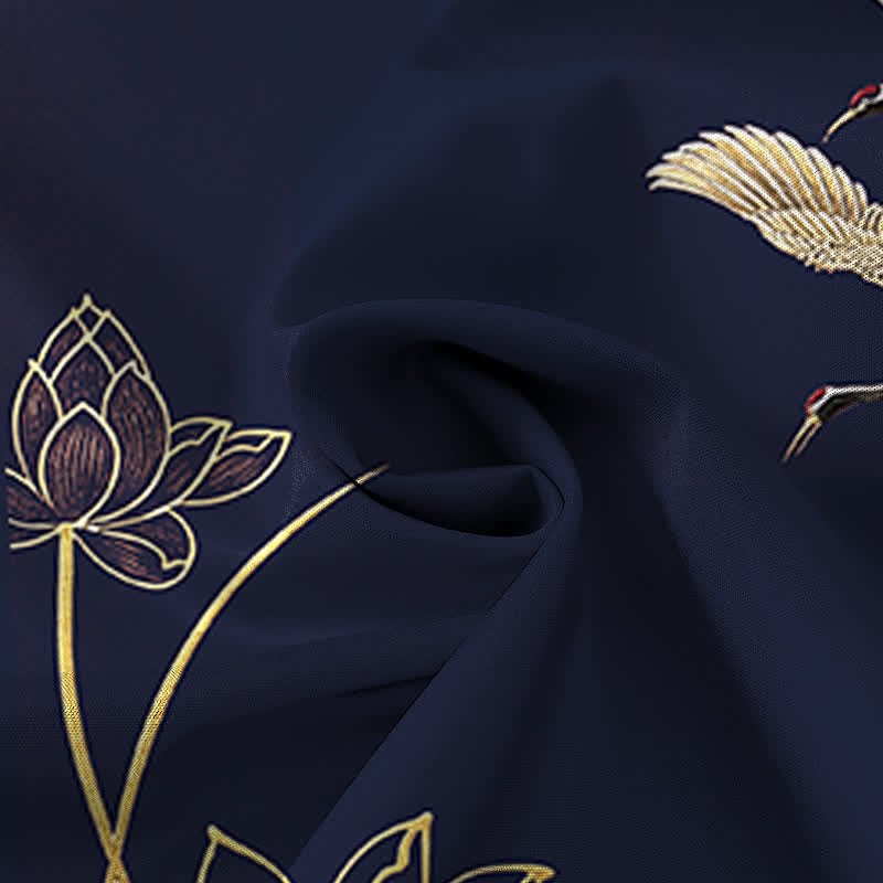 Nimara Ritual Crane Lotus Pattern Buttons Breathable Men's Short Sleeve Shirt