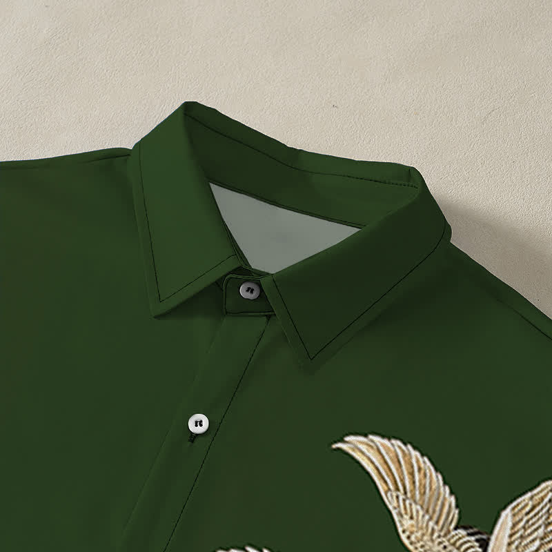 Nimara Ritual Crane Lotus Pattern Buttons Breathable Men's Short Sleeve Shirt