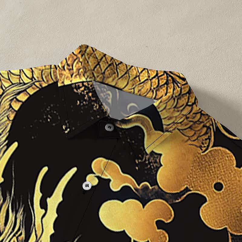 Nimara Ritual Golden Dragon Cloud Pattern Buttons Wrinkle-resistant Men's Short Sleeve Shirt