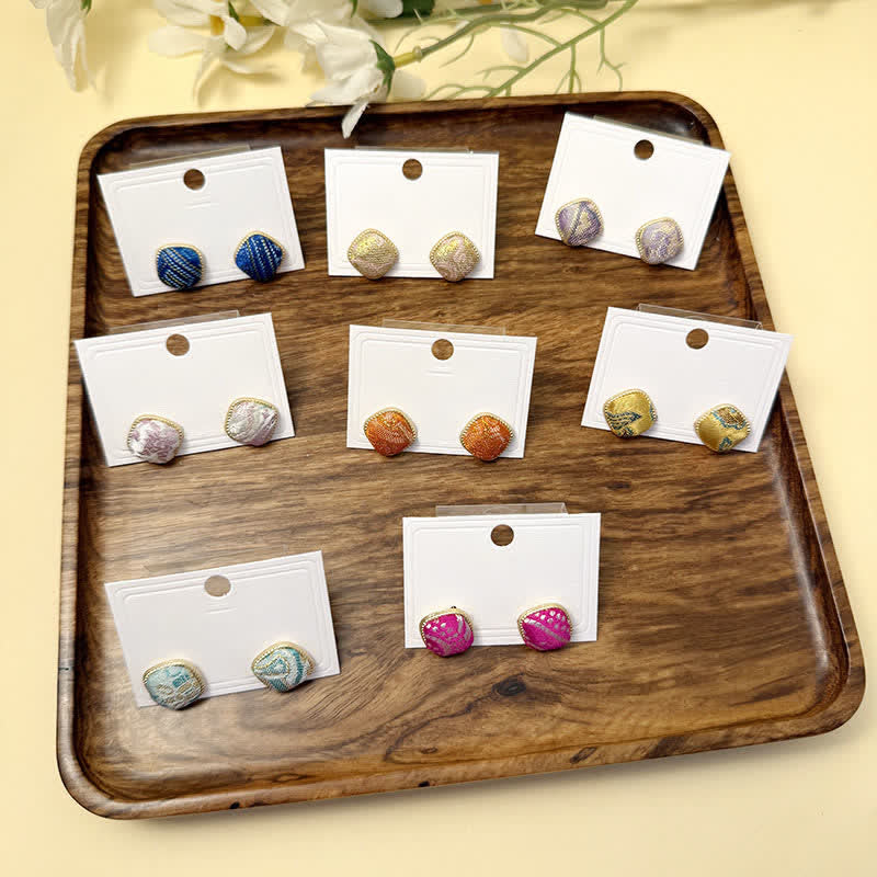 Nimara Ritual Handmade Song Brocade Protection Geometric Square Stud Earrings