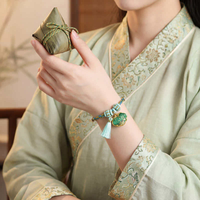 Nimara Ritual Hand-Woven Five-Color Cord Luck Green Song Brocade Zongzi Apple Money Bag Chinese Lock Charm Gourd Bracelet