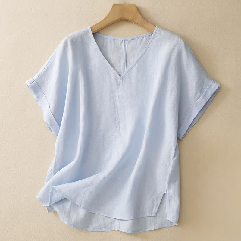 Nimara Ritual Summer Casual Minimalist Side Slit Solid V-Neck Women's Short Sleeve T-Shirts