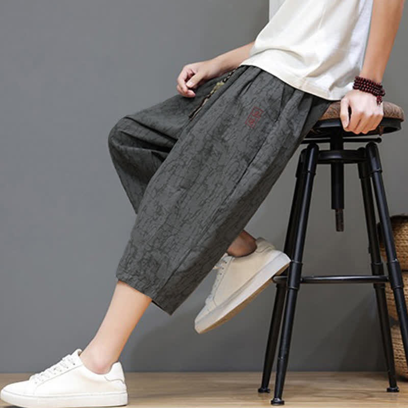 Nimara Ritual Summer Casual Vintage Drawstring Abstract Men's Cropped Pants With Pockets