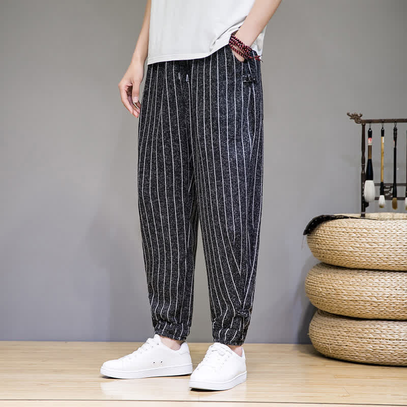 Nimara Ritual Summer Casual Drawstring Striped Cropped Pants Men's Harem Pants With Pockets