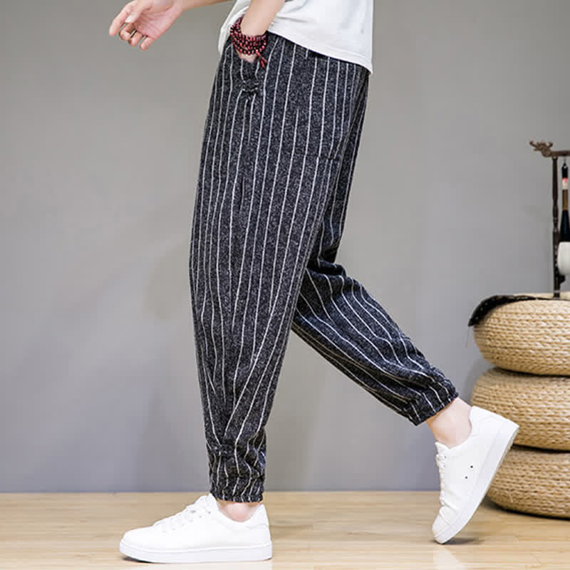 Nimara Ritual Summer Casual Drawstring Striped Cropped Pants Men's Harem Pants With Pockets