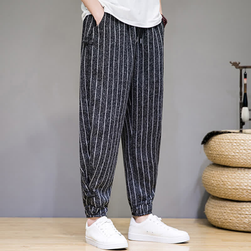 Nimara Ritual Summer Casual Drawstring Striped Cropped Pants Men's Harem Pants With Pockets