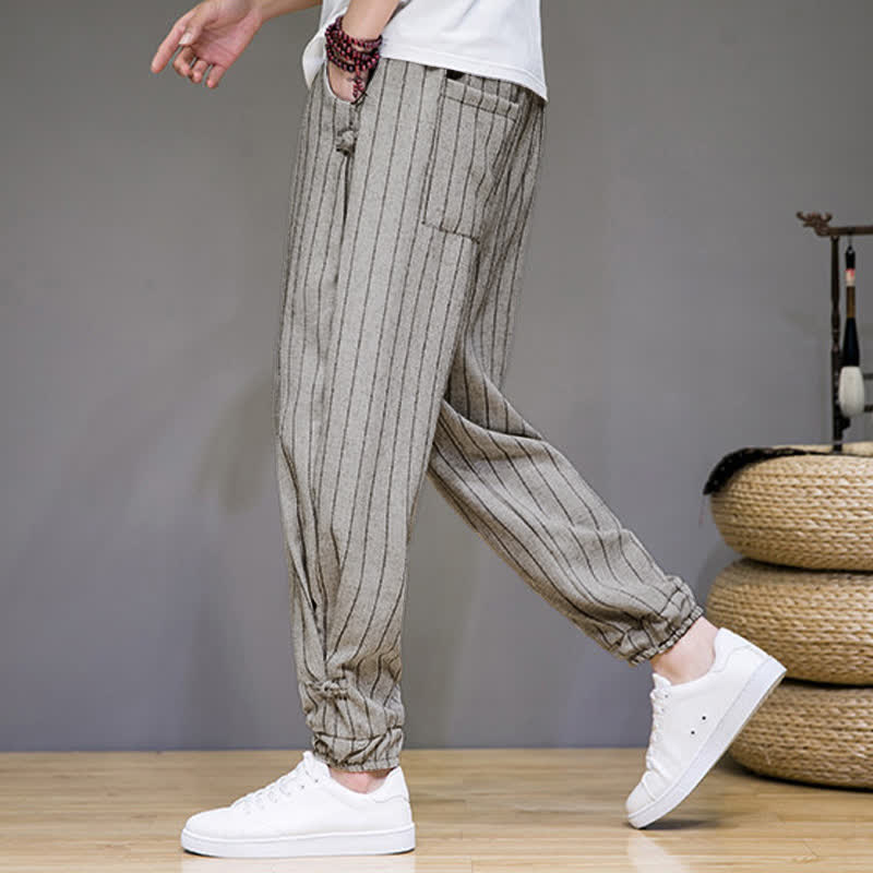 Nimara Ritual Summer Casual Drawstring Striped Cropped Pants Men's Harem Pants With Pockets