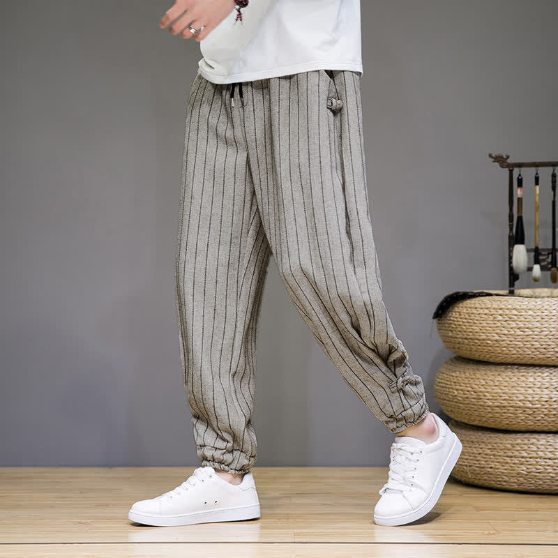 Nimara Ritual Summer Casual Drawstring Striped Cropped Pants Men's Harem Pants With Pockets
