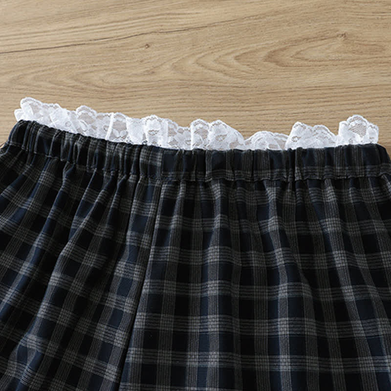 Nimara Ritual Summer Casual Vintage Drawstring Plaid Lace Trim Cotton Long Pants Women's Wide Leg Pants With Pockets