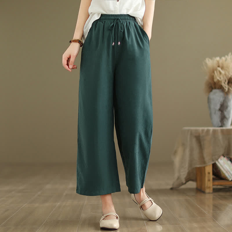 Nimara Ritual Summer Casual Minimalist Drawstring Solid Cotton Cropped Pants Women's Wide Leg Pants With Pocket