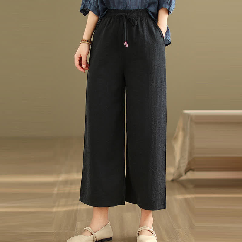 Nimara Ritual Summer Casual Minimalist Drawstring Solid Cotton Cropped Pants Women's Wide Leg Pants With Pocket