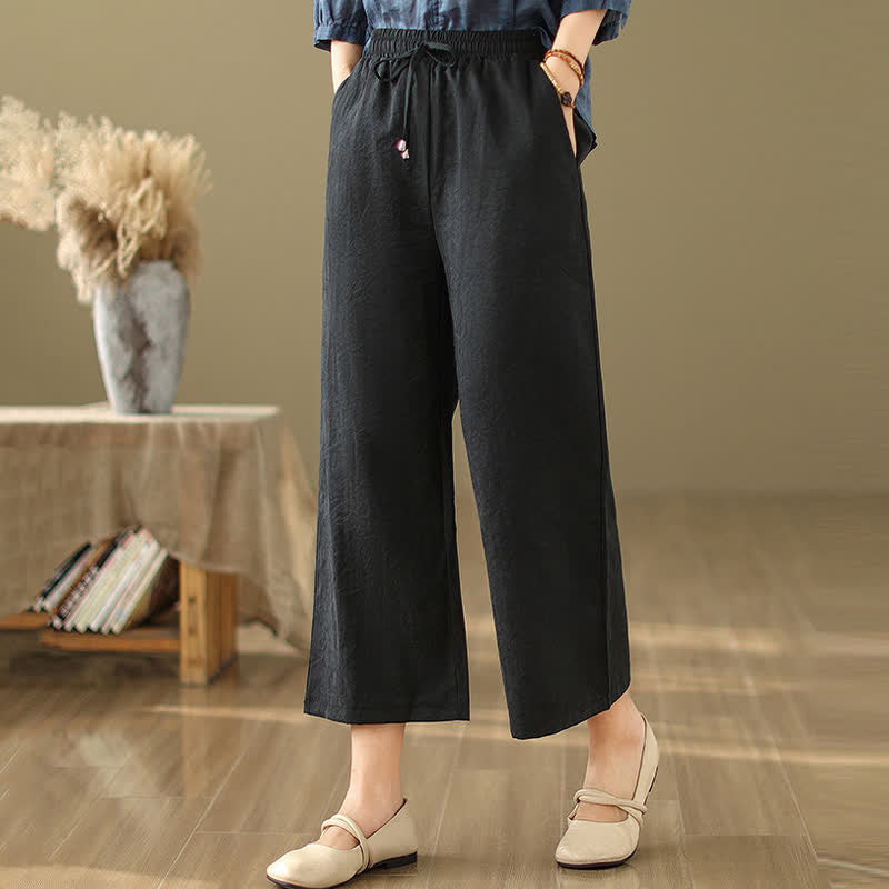 Nimara Ritual Summer Casual Minimalist Drawstring Solid Cotton Cropped Pants Women's Wide Leg Pants With Pocket