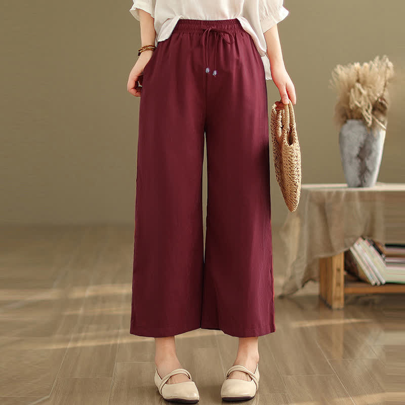 Nimara Ritual Summer Casual Minimalist Drawstring Solid Cotton Cropped Pants Women's Wide Leg Pants With Pocket